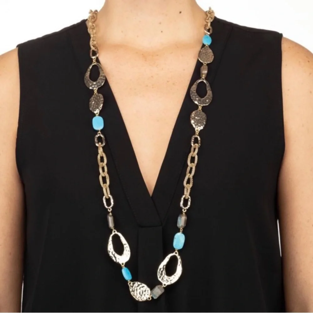 ALEXIS BITTAR • NEW Long Hammered Gemstone Mesh Custom Textured Link Necklace